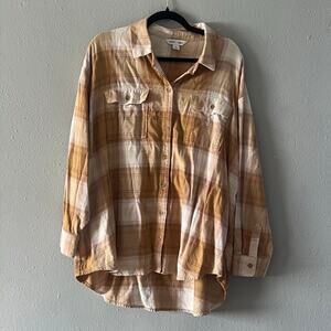 Old Navy Women’s The Boyfriend Shirt XXL Tan Plaid Flannel Button 100% Cotton